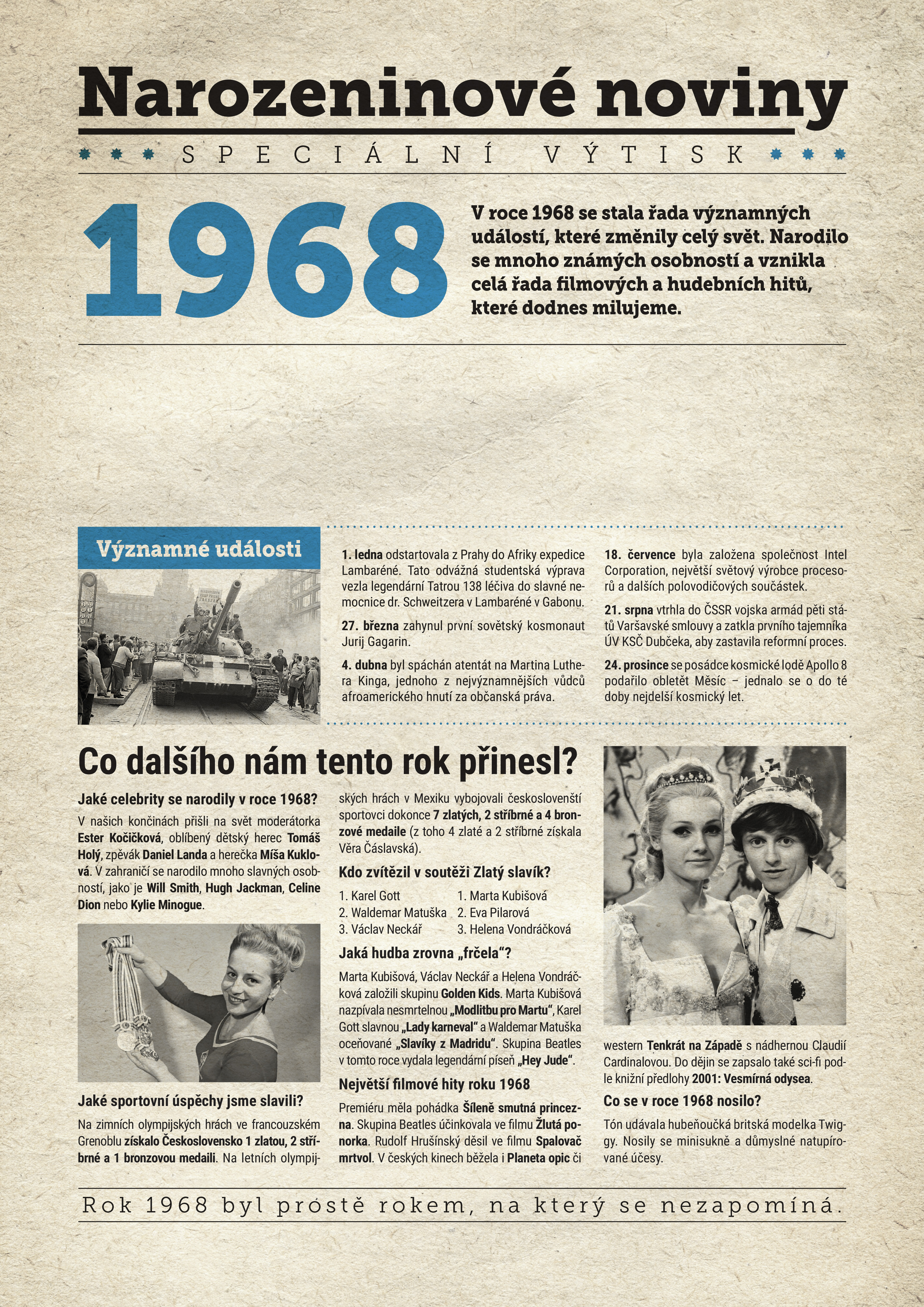 Levně Narozeninové noviny 1968 s vlastním textem a fotografií, S textem