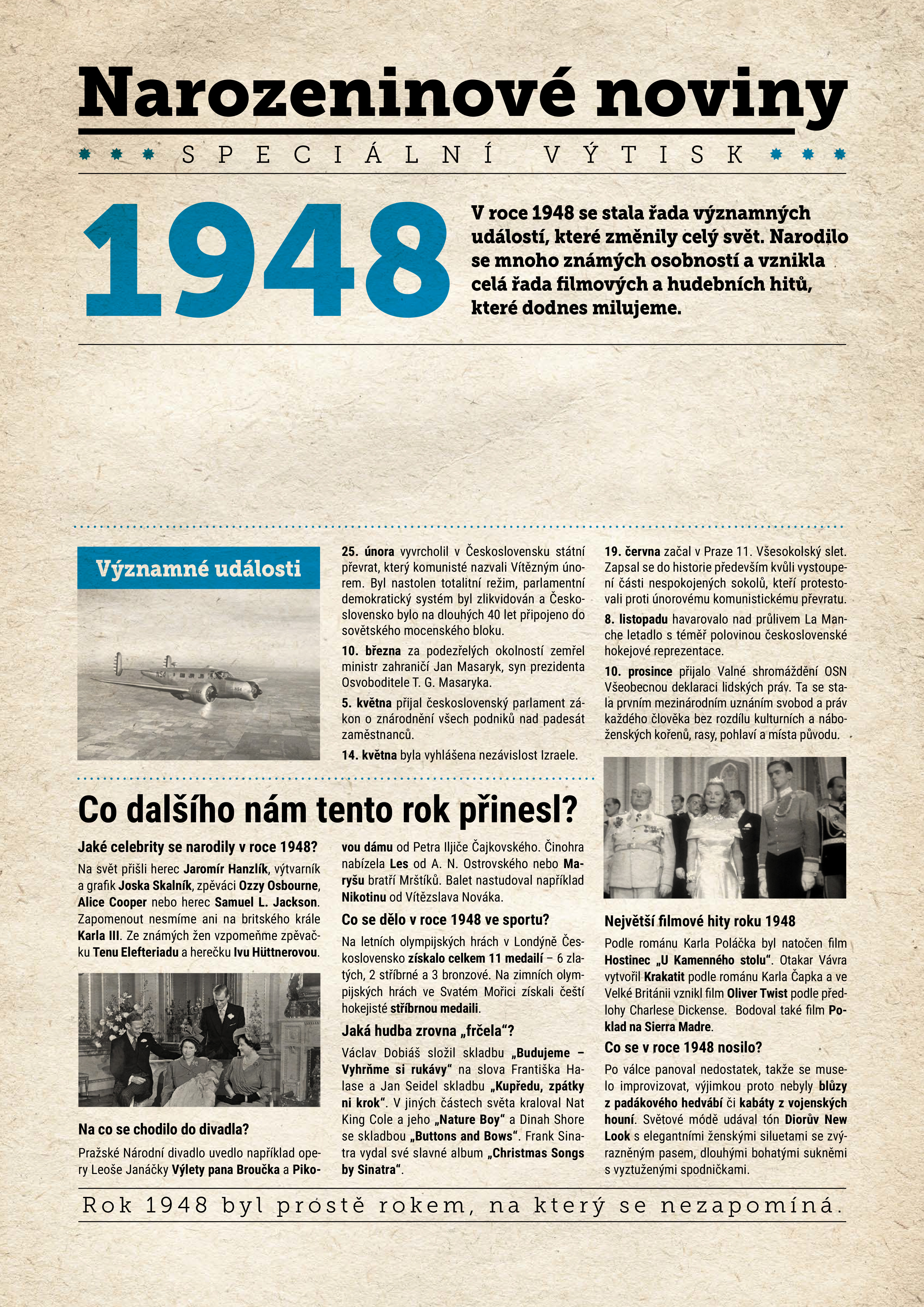 Levně Narozeninové noviny 1948 s vlastním textem a fotografií, S textem