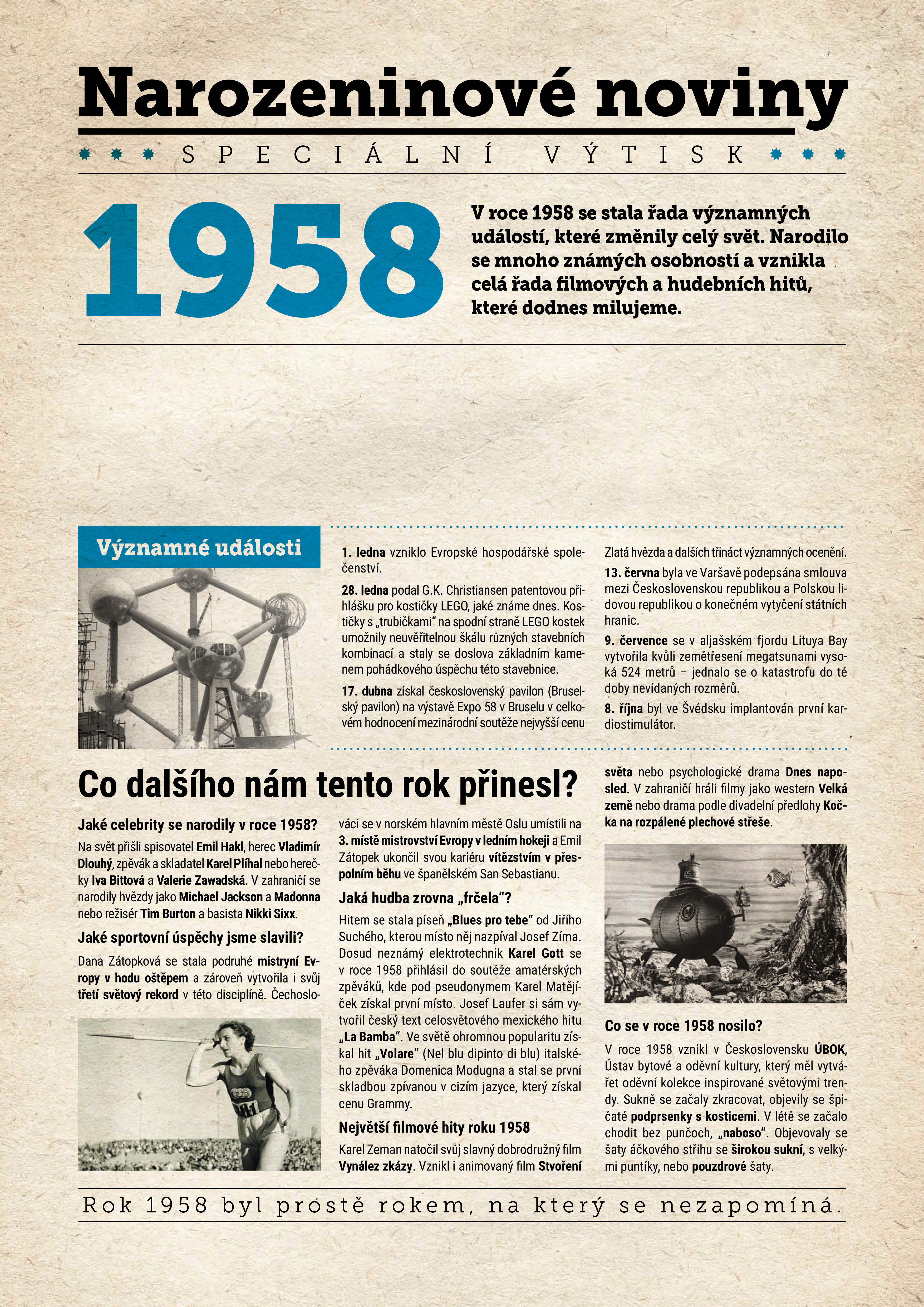 Levně Narozeninové noviny 1958 s vlastním textem a fotografií, S textem