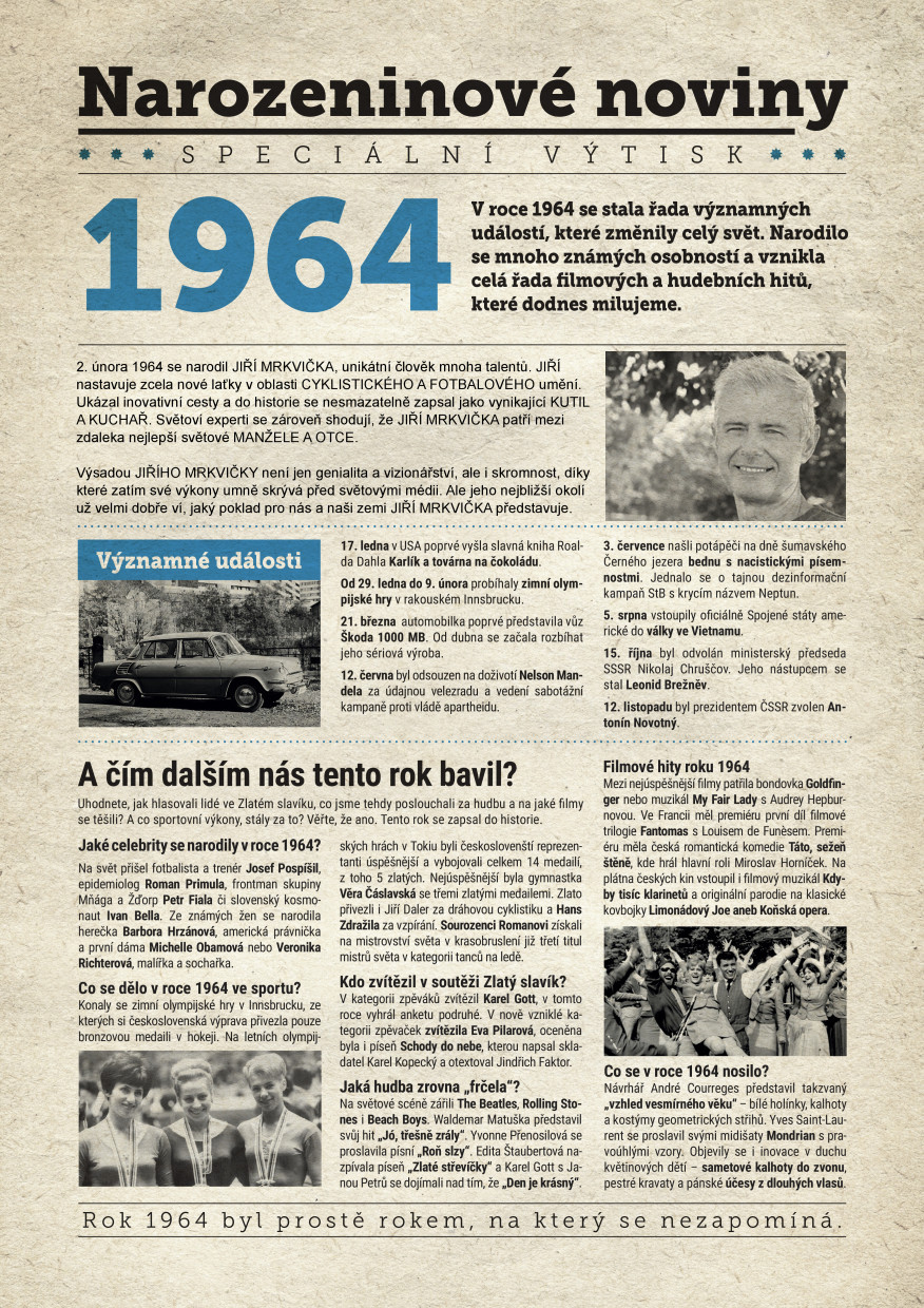 Levně Narozeninové noviny 1964 s vlastním textem a fotografií, S textem