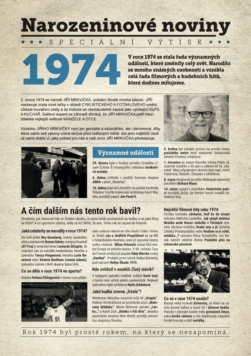 Levně Narozeninové noviny 1974 s vlastním textem a fotografií, S fotografií