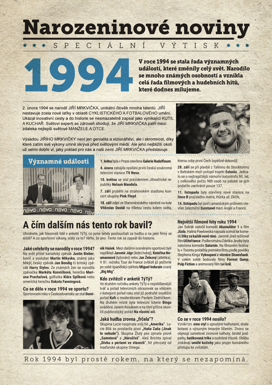 Levně Narozeninové noviny 1994 s vlastním textem a fotografií, S fotografií
