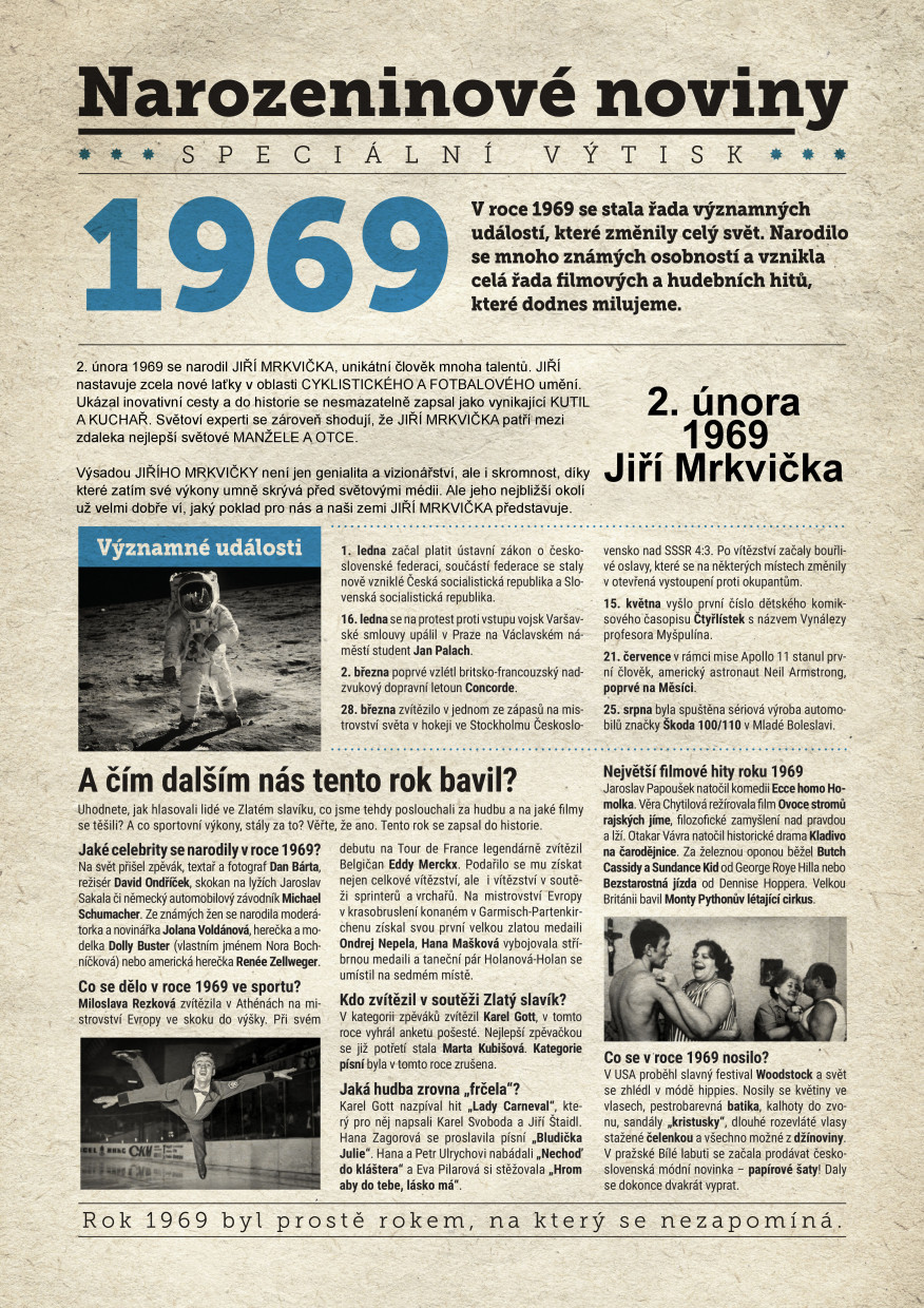 Levně Narozeninové noviny 1969 s vlastním textem a fotografií, S textem