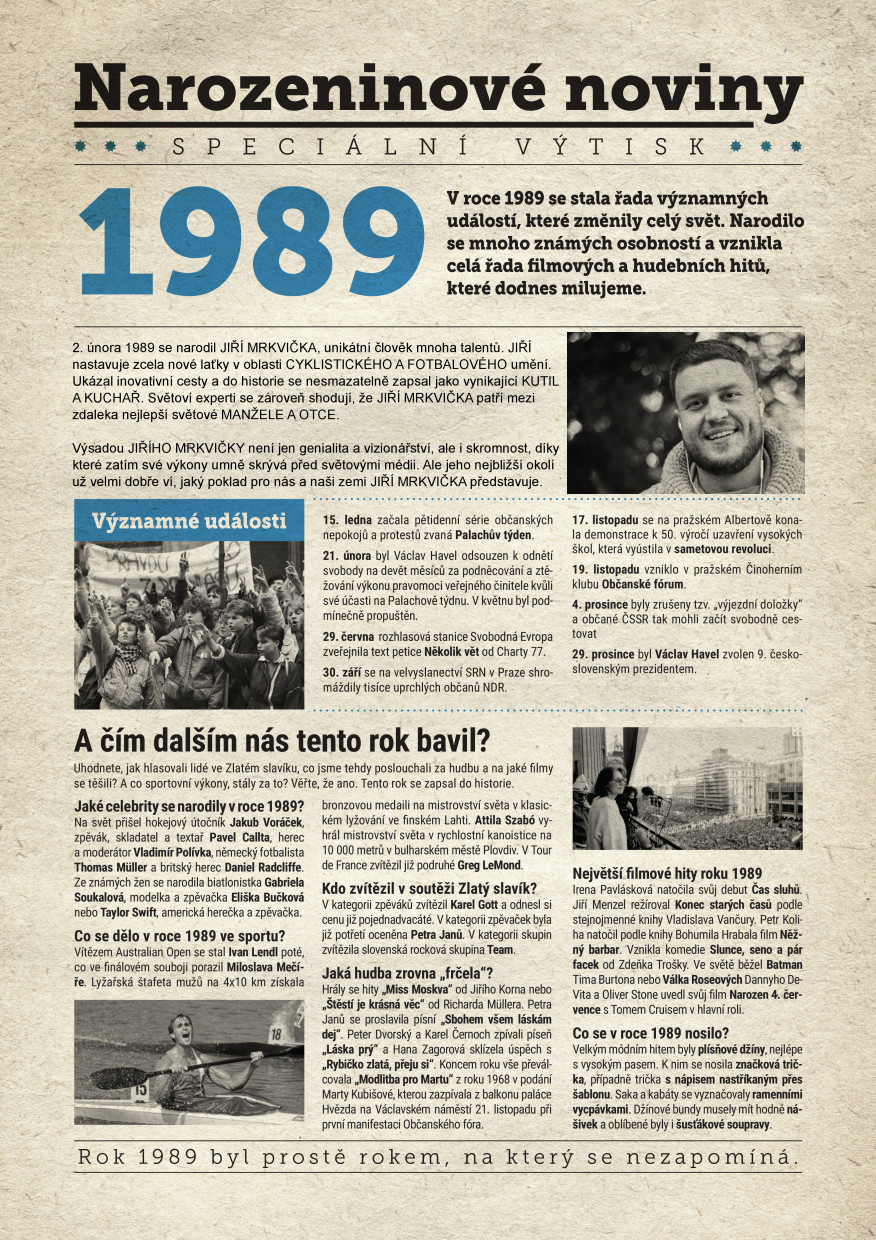 Levně Narozeninové noviny 1989 s vlastním textem a fotografií, S textem
