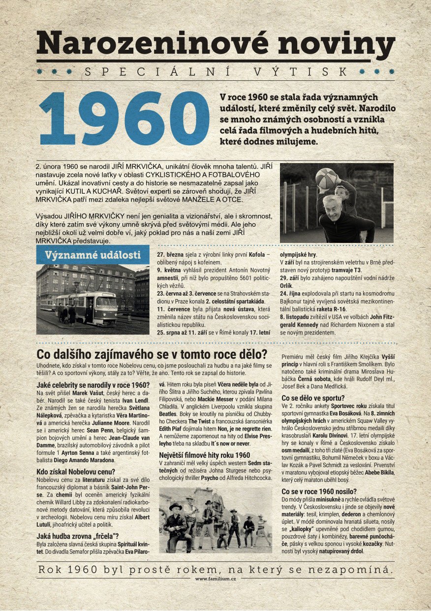 Narozeninové noviny 1960 s vlastním textem a fotografií, S fotografií a textem