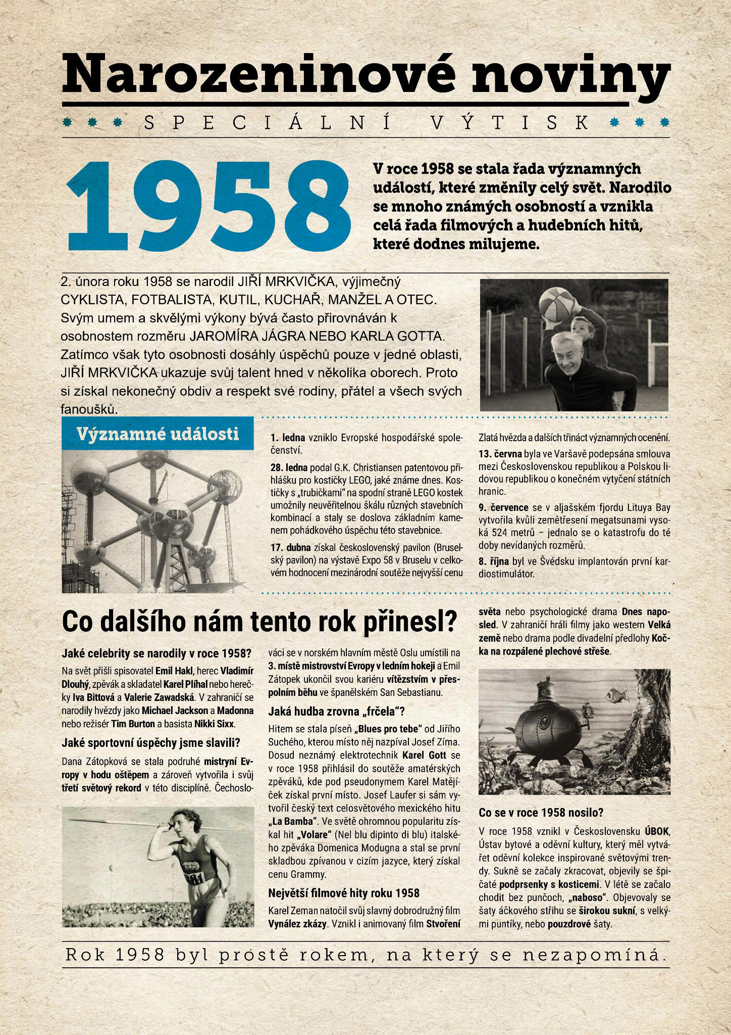 Narozeninové noviny 1958 s vlastním textem a fotografií, S textem