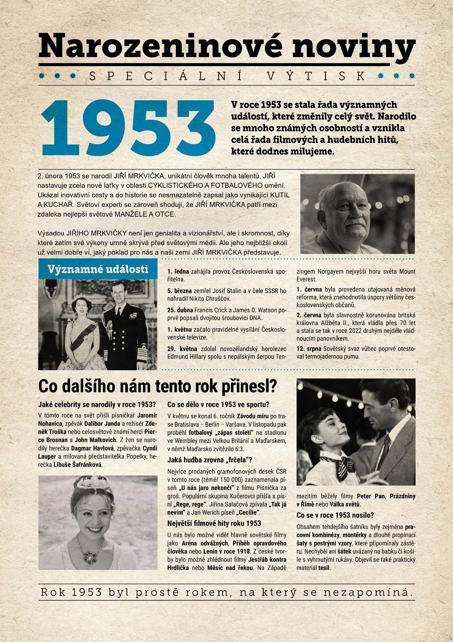 Narozeninové noviny 1953 s vlastním textem a fotografií, S textem