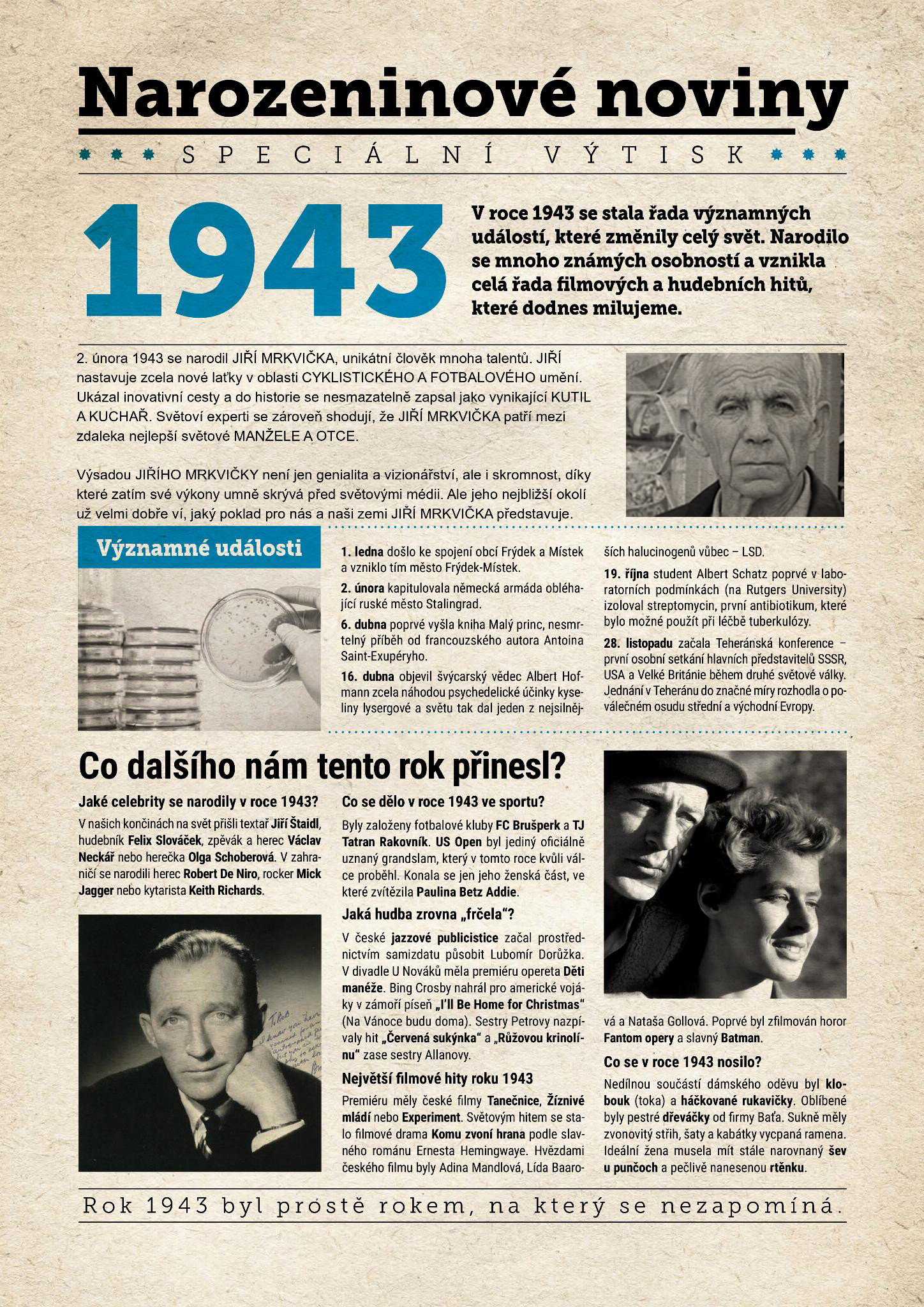 Narozeninové noviny 1943 s vlastním textem a fotografií, S textem