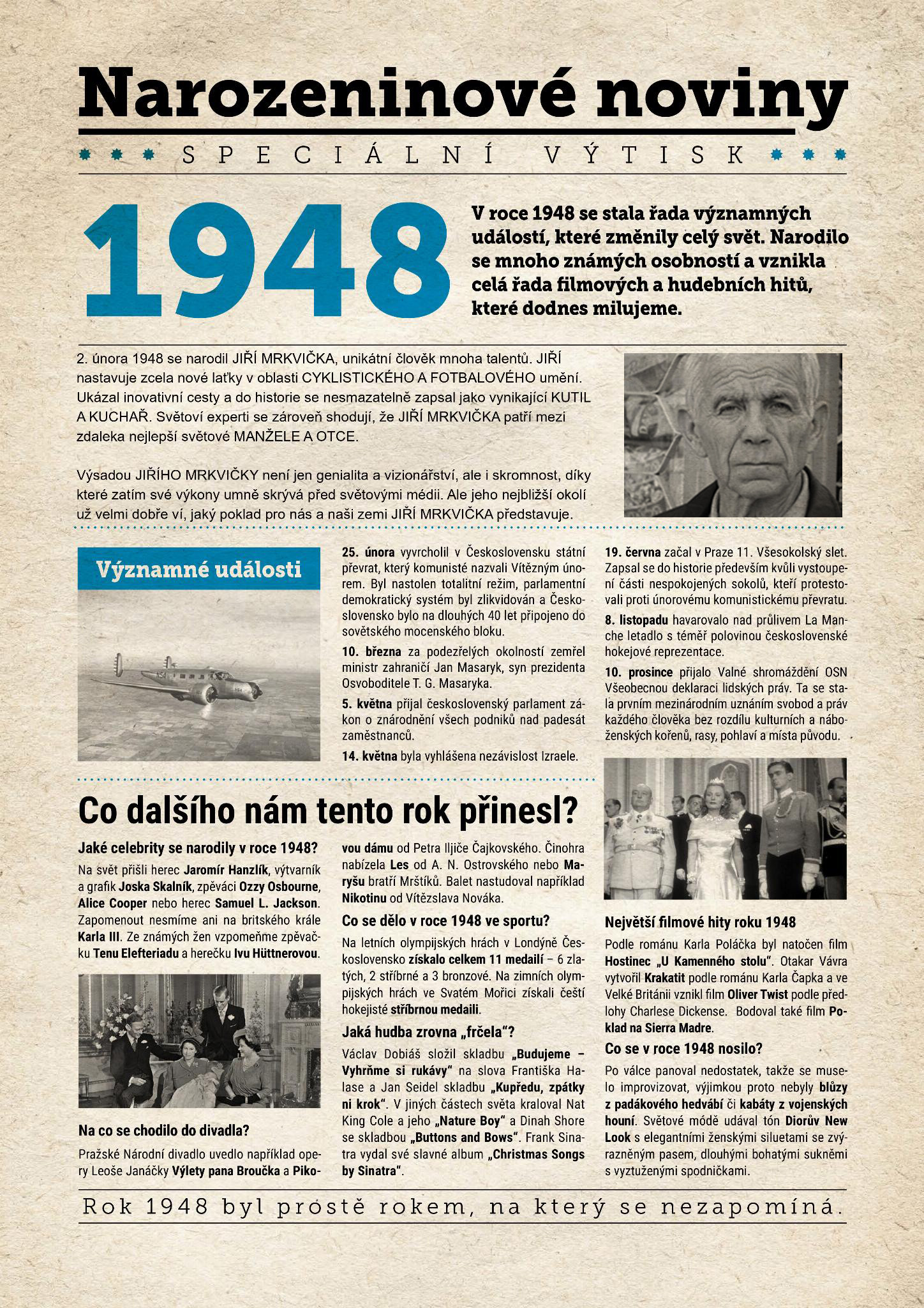 Narozeninové noviny 1948 s vlastním textem a fotografií, S textem