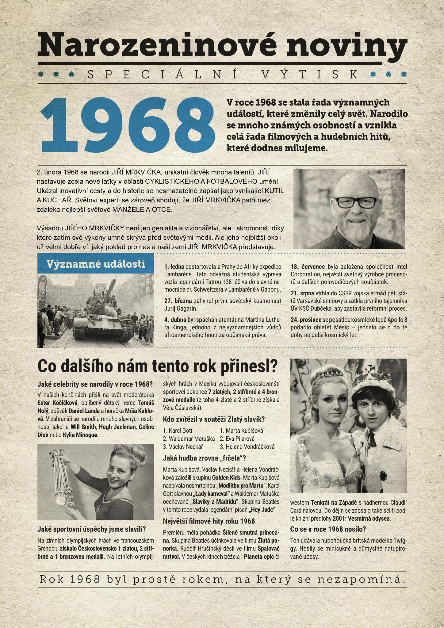 Narozeninové noviny 1968  s vlastním textem a fotografií, S textem